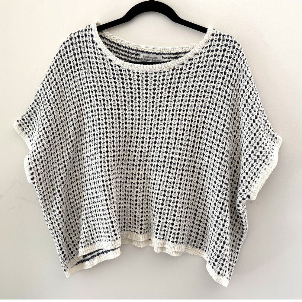 World Market Sweater Boxy SS Cropped Cotton Oversize Poncho Navy Blue White OSFA